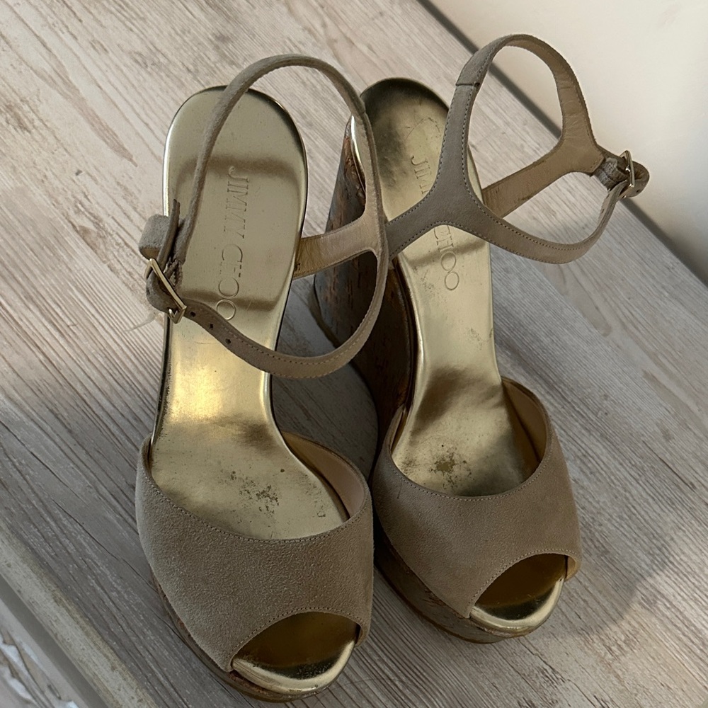 Jimmy Choo Gold and Tan Wedge Sandals